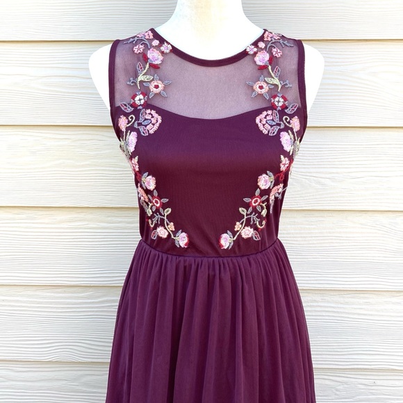 Embroidered Burgundy Boho Tulle Dress S - Picture 4 of 16